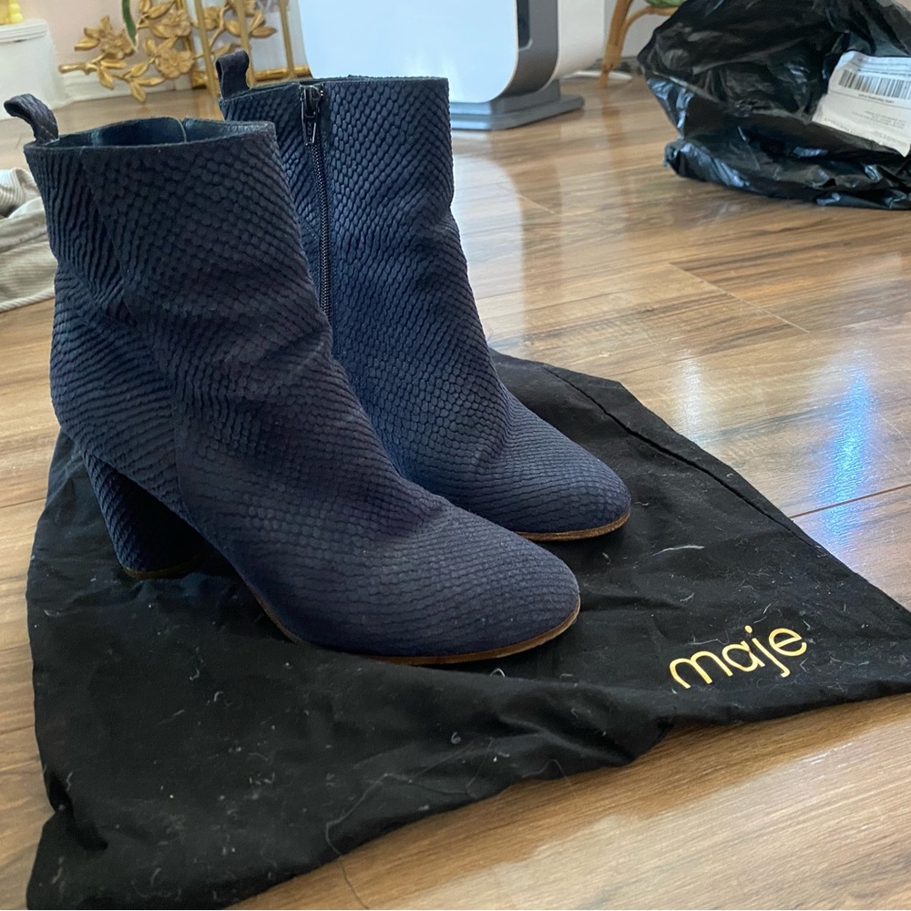 Maje Blue Leather Embossed Ankle Boots